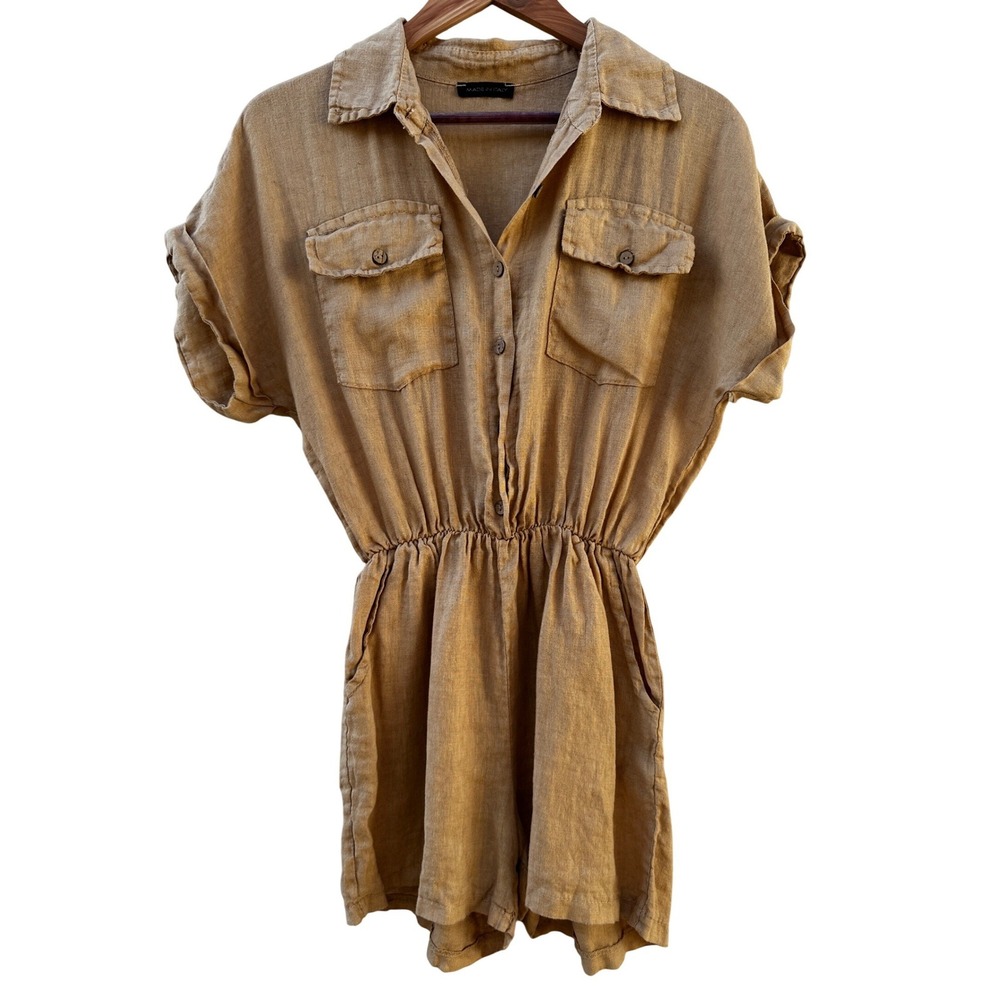 Made in Italy Tan Linen Short Sleeve Button Front Romper Women Medium